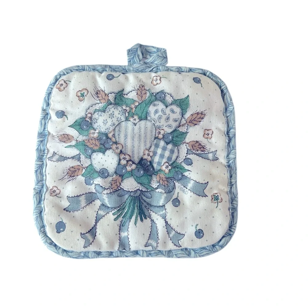 Vintage Kitchen Towels Featuring a Blue/Green/Brown Hearts and Ribbon Bouquet.